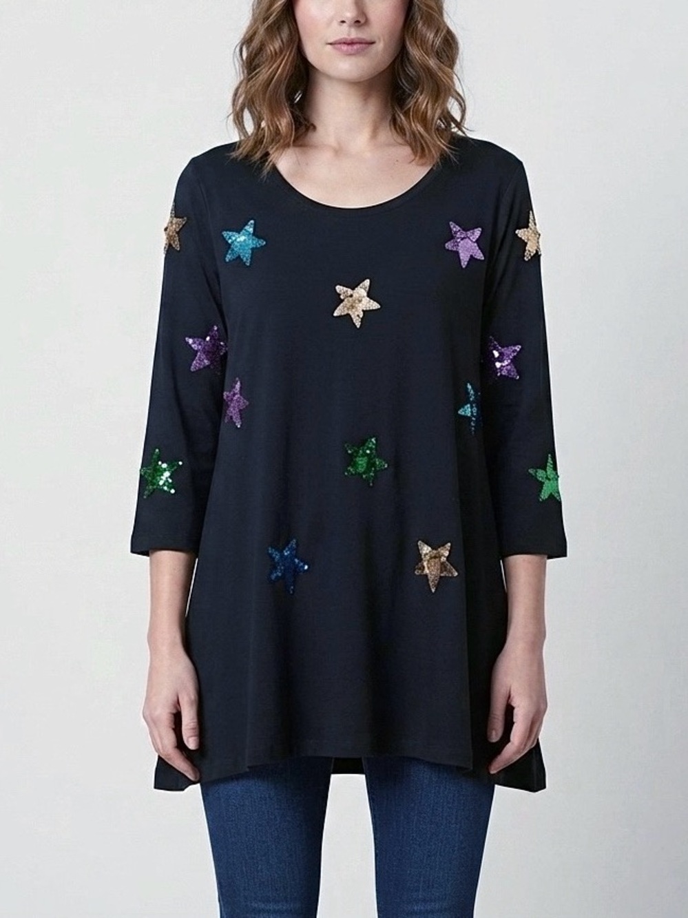 Virtuelle 3/4 Sleeve Star Sequins Print Votron Blend Top Women’s 12 Deep Navy